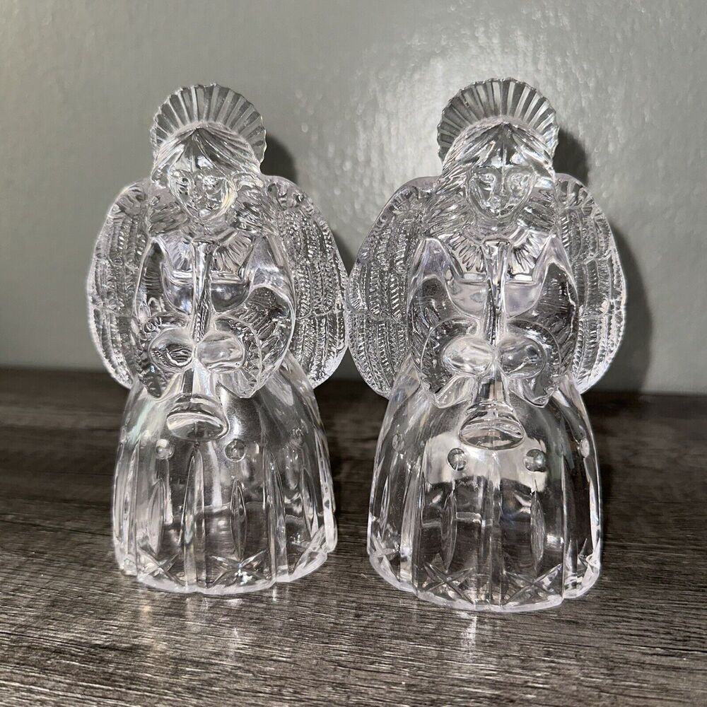 Mikasa Set Of 2  Crystal Trumpeting Angel Small Taper Candle‎ Holders 5.75”